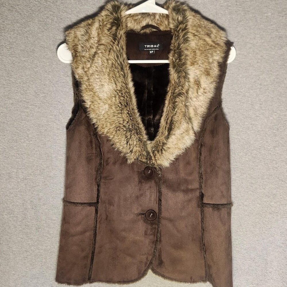 Tribal Faux Fur Faux Sued Vest Chocolate Brown